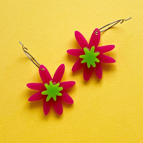 Hot Pink and Grass Green Daisy Dangles