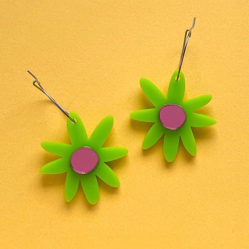 Grass Green and Mirror Pink Daisy Dangles