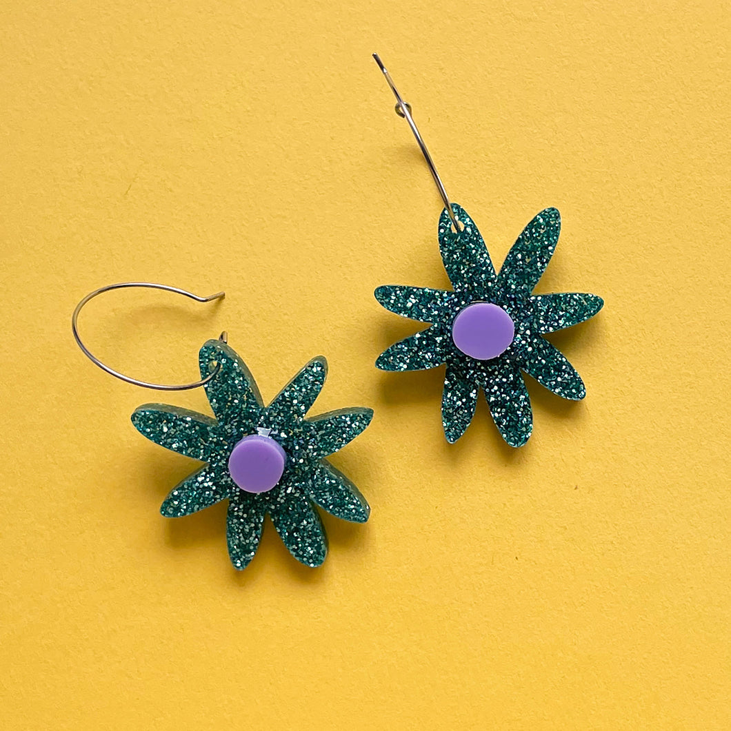 Turquoise Glitter and Lilac Daisy Dangles